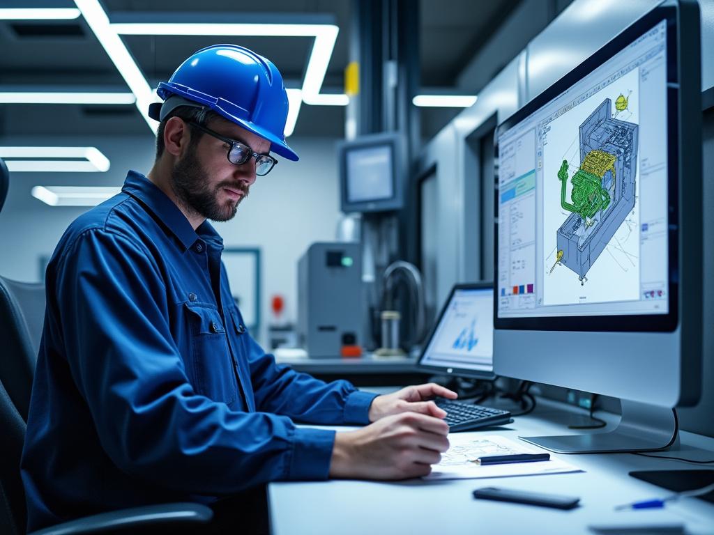 Científica con gorro azul trabajando en un laboratorio moderno frente a una computadora.