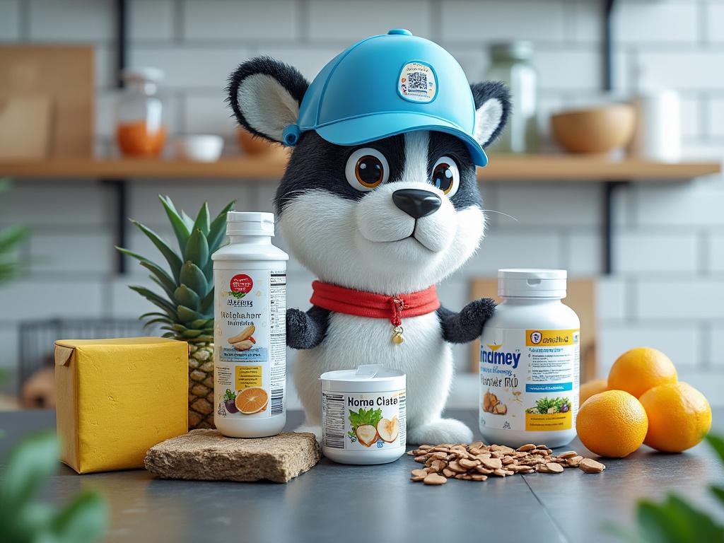 Peluche de perro con gorra azul junto a productos alimenticios naturales y frutas en una cocina moderna.