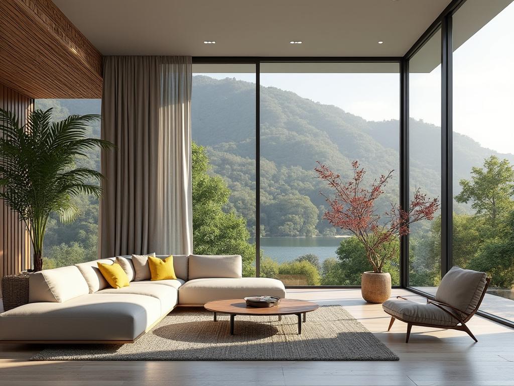 Sala de estar moderna con sofá blanco, cojines amarillos, mesa de centro redonda y gran ventana con vista a montañas y lago.