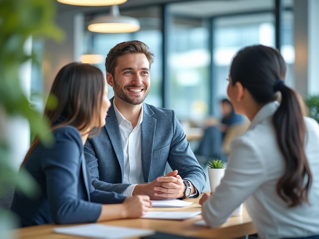 Business meeting with three professionals sitting in a modern office setting, engaged in conversation. Business meeting with three professionals sitting in a modern office setting, engaged in conversation.