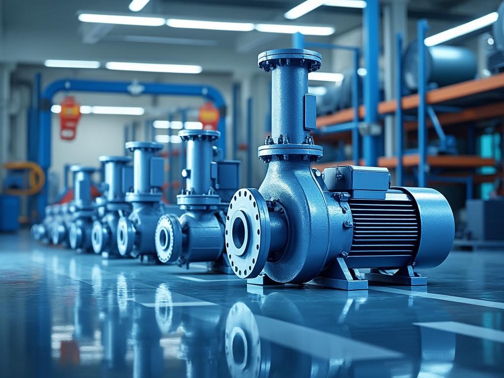 Industrial centrifugal pumps lined up in a modern factory workshop.