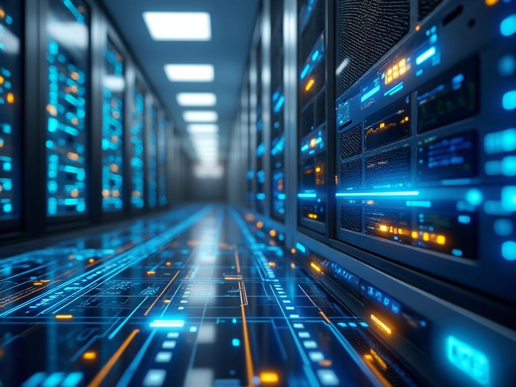 Interior de un centro de datos con servidores iluminados en azul y naranja.