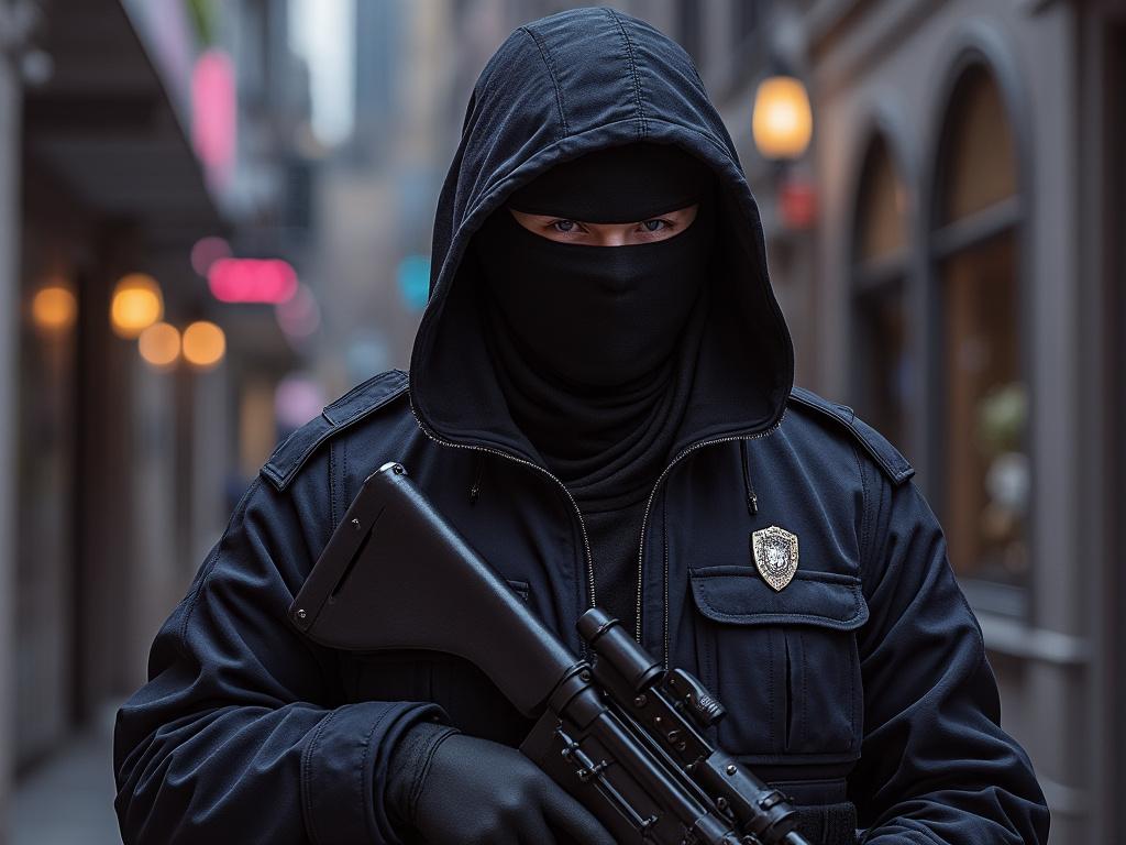 Guardia de seguridad enmascarado con capucha y rifle en un callejón urbano iluminado.