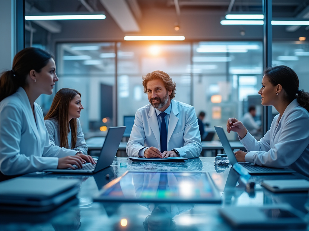 Grupo de científicos en una reunión de trabajo en una sala de conferencias moderna. Grupo de científicos en una reunión de trabajo en una sala de conferencias moderna.