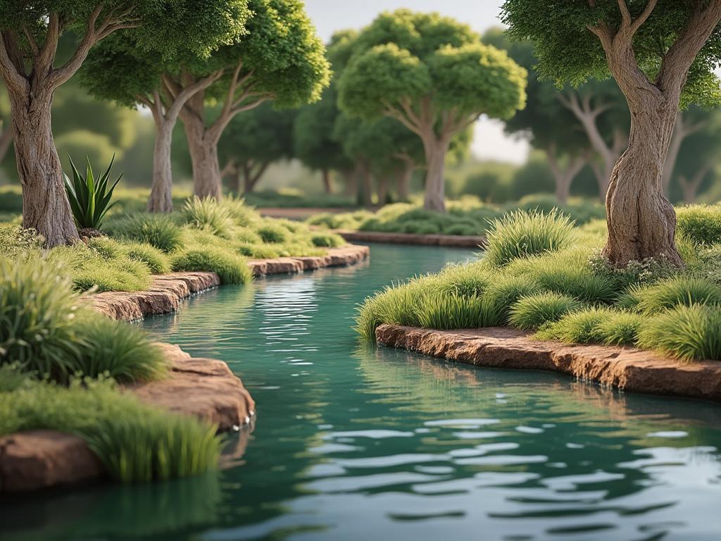 Paisaje natural con río serpenteante, árboles verdes y vegetación abundante.