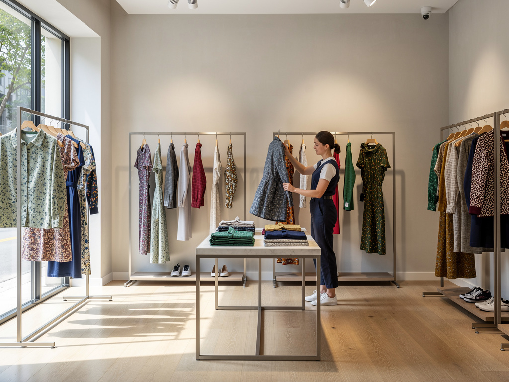 Mujer revisando vestidos estampados en una tienda de ropa moderna con percheros y luz natural