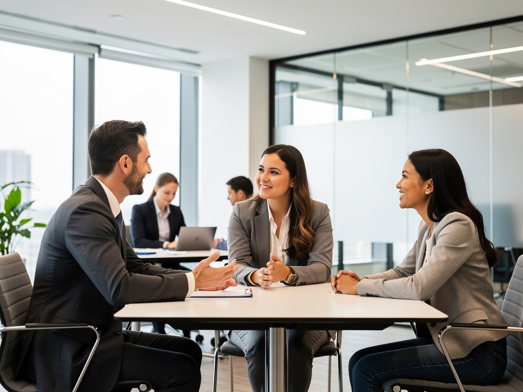 Profesionales en reunión de negocios en una oficina moderna con paredes de cristal