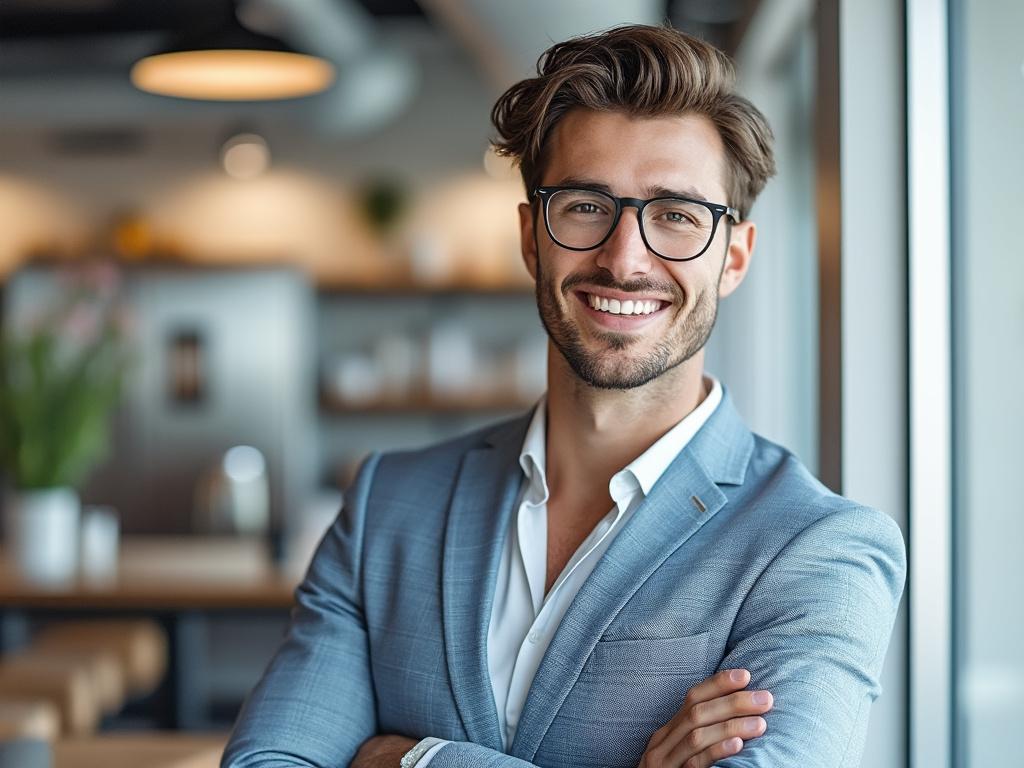 Hombre joven con gafas y barba, sonriendo en un entorno moderno y luminoso, vistiendo un traje azul claro.