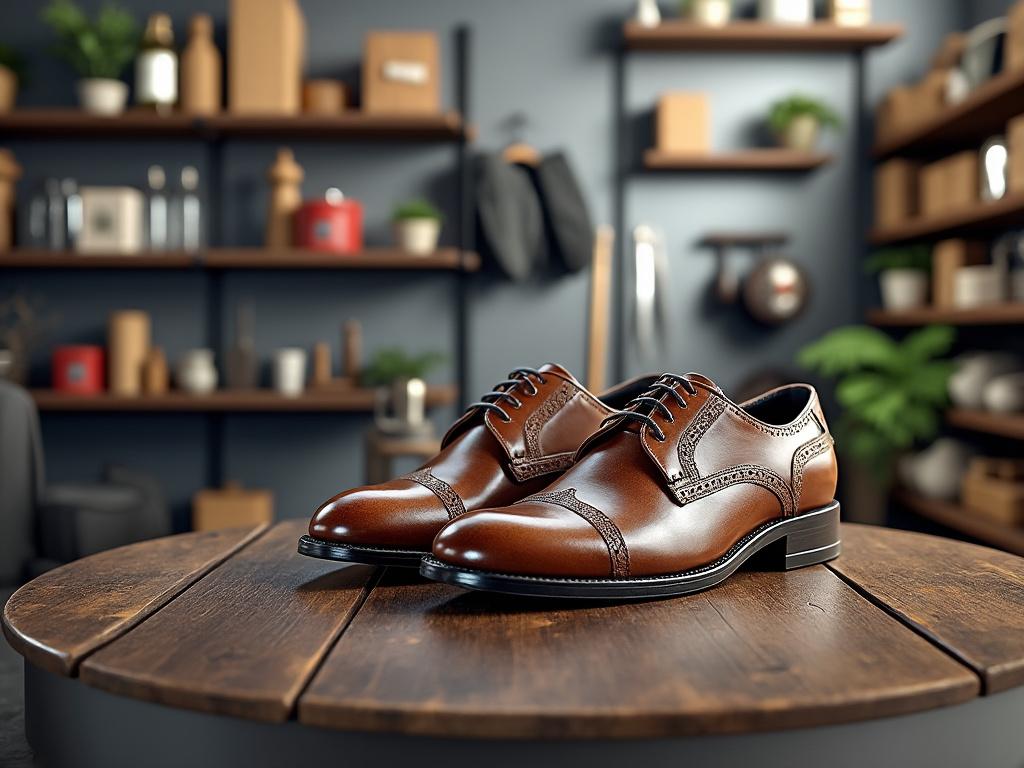 Zapatos de cuero marrón sobre mesa de madera con fondo borroso de estanterías.