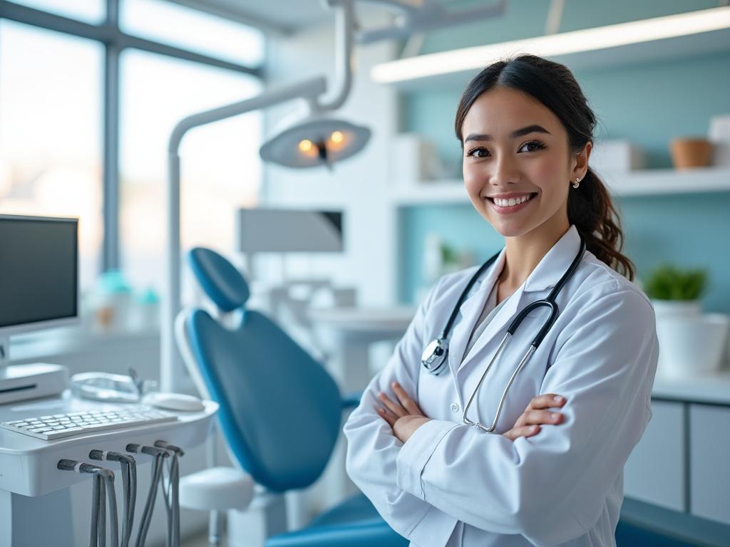Doctora sonriente con bata blanca y estetoscopio en el cuello, en consultorio dental moderno.