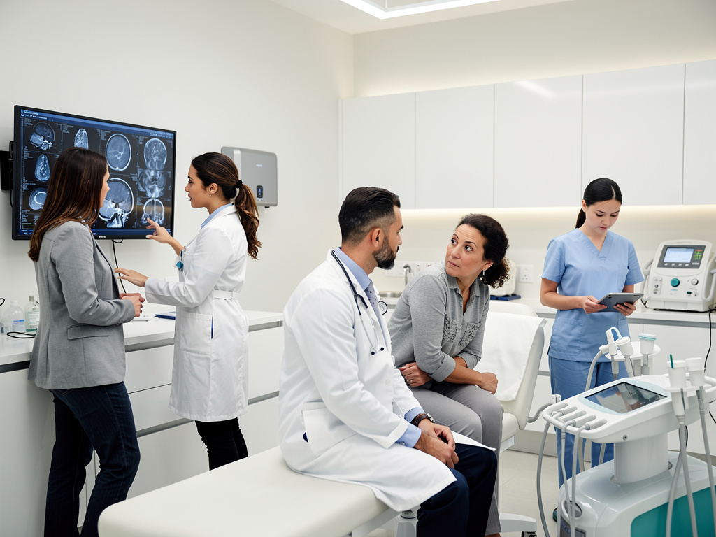 Equipo médico en clínica moderna revisando resonancia cerebral y atendiendo a paciente con equipo dental