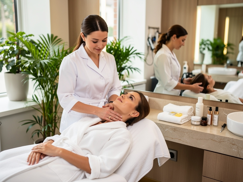 Esthetician giving woman a relaxing facial massage in a modern spa treatment room