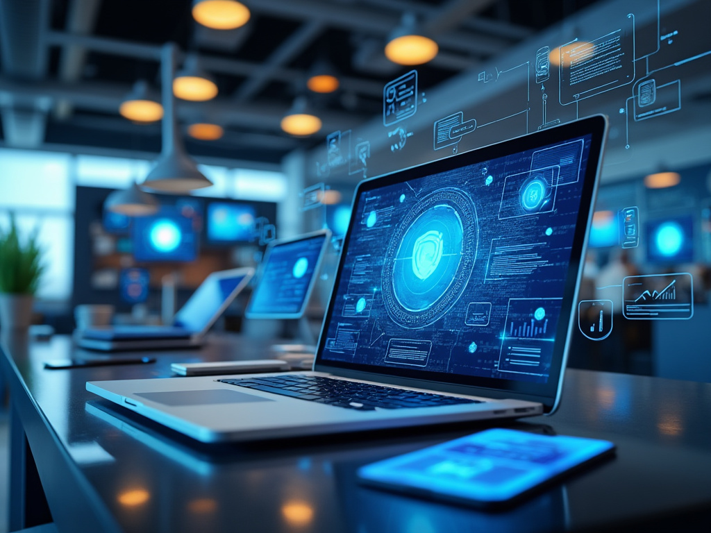 Digital workspace with laptops displaying futuristic technology interface in a modern office setting.