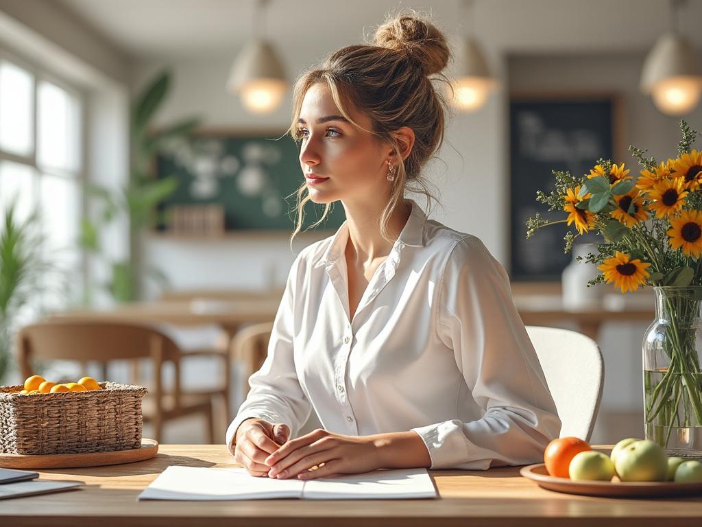 Woman in a home office, sitting at a desk with a notebook, surrounded by sunflowers and fruit, looking thoughtful.