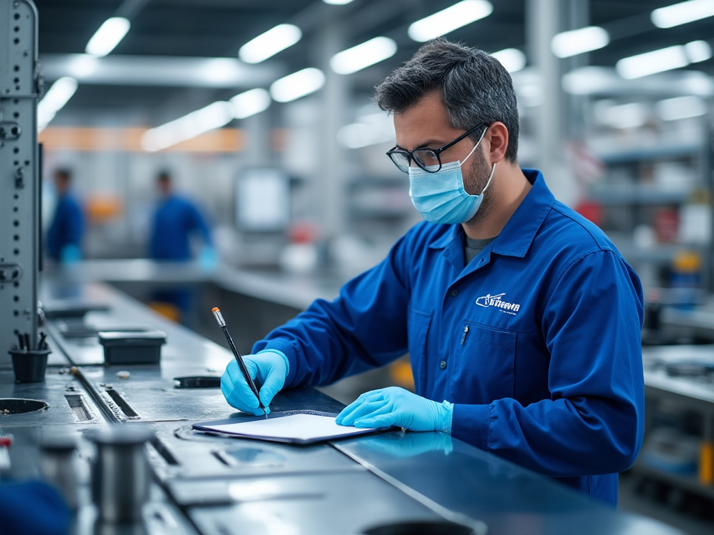 Trabajador industrial en una fábrica, usando mascarilla y guantes, escribiendo en un cuaderno.