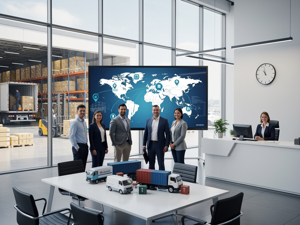 Equipo de logística en oficina moderna con mapa mundial, almacén y modelos de camiones de transporte Equipo de logística en oficina moderna con mapa mundial, almacén y modelos de camiones de transporte