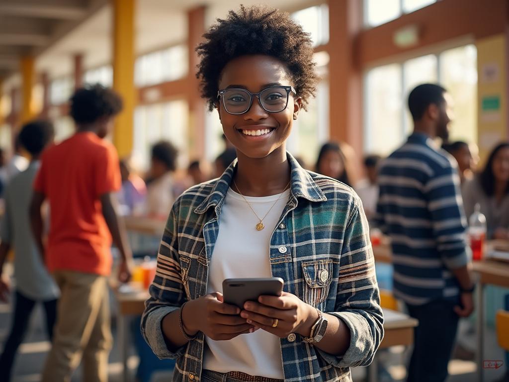 Smiling young Black woman with glasses holding a smartphone in a busy school cafeteria