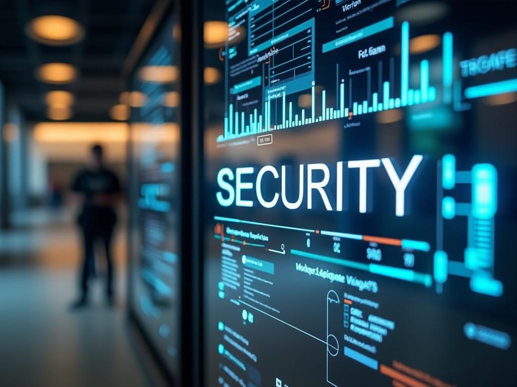 Pantalla digital con gráficos de seguridad cibernética y la palabra 'SECURITY' destacada, en un entorno moderno y tecnológico.