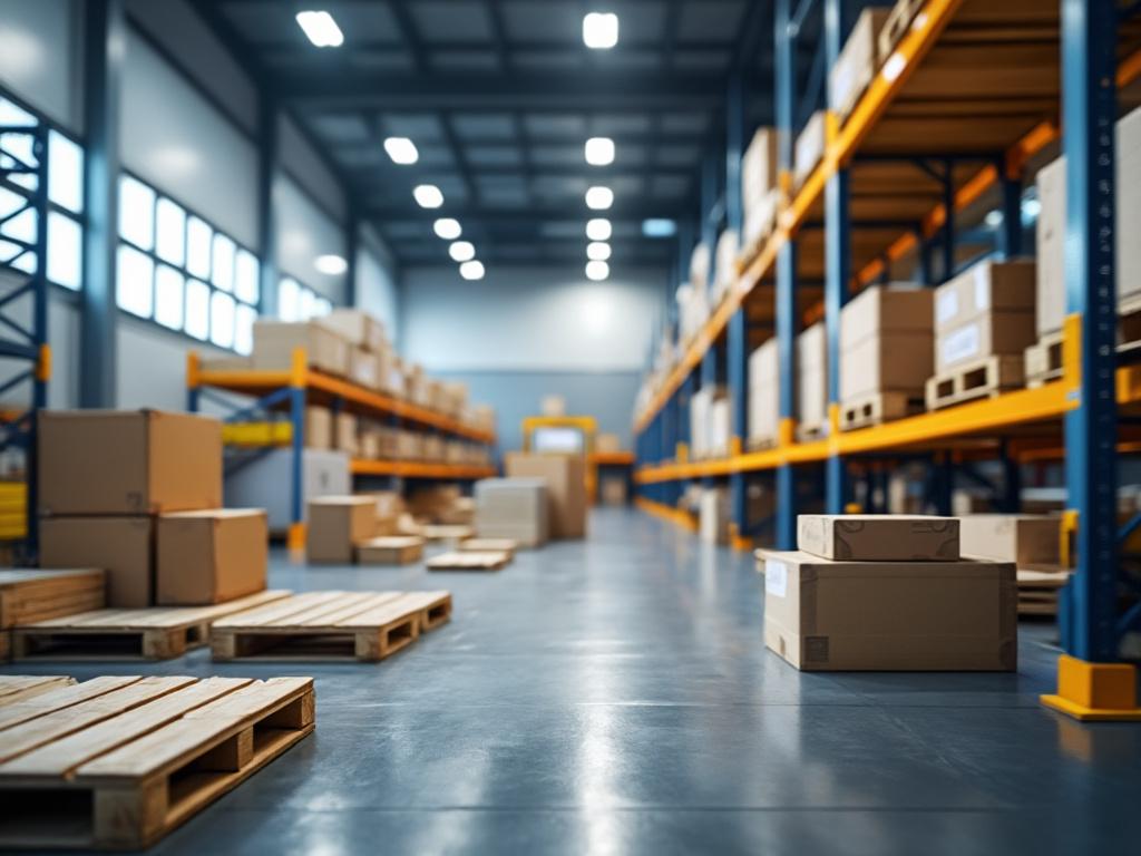 Interior de un almacén moderno con cajas de cartón apiladas sobre pallets y estanterías metálicas anaranjadas.