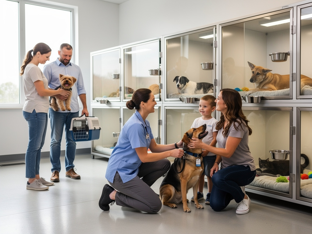 Veterinaria atendiendo a familias con perros en una clínica veterinaria con jaulas para mascotas