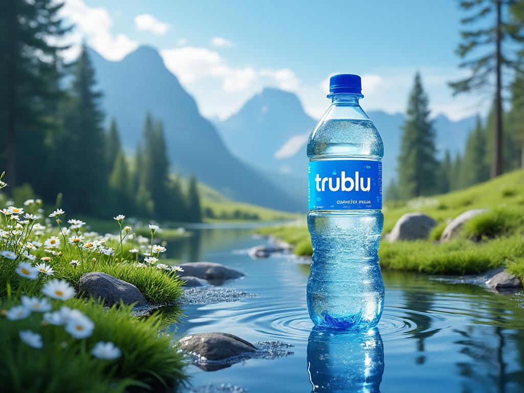 Plastic water bottle labeled 'trublu' standing in a clear stream surrounded by lush green grass and wildflowers, with distant mountains under a blue sky.