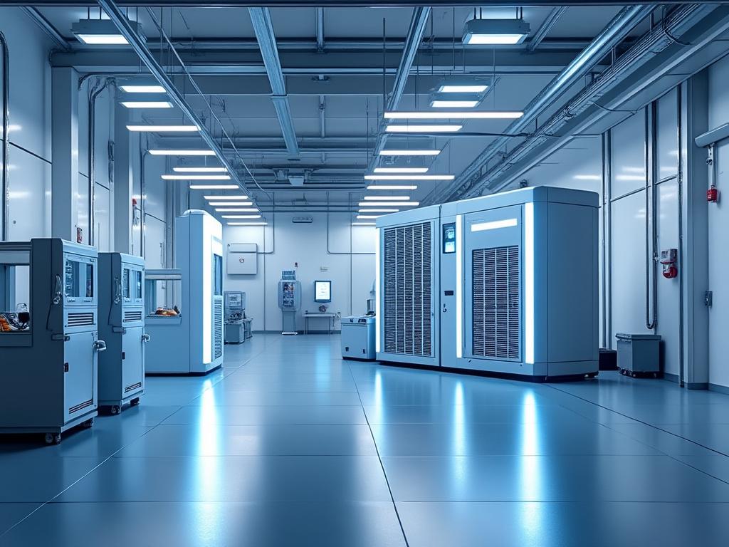 Sala moderna de servidores con equipos tecnológicos y luces LED azules.