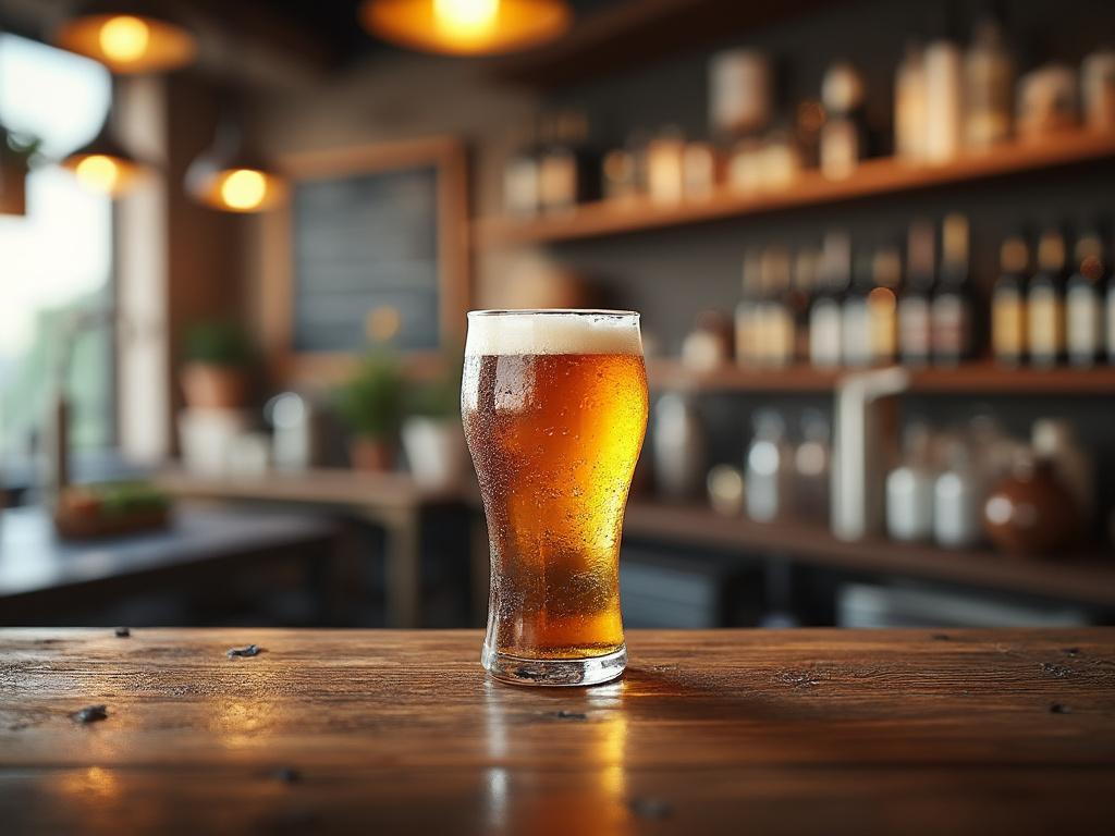 Vaso de cerveza espumosa en mesa de madera en un acogedor bar con iluminación cálida y estantes de botellas al fondo.