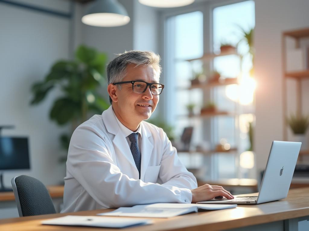 Hombre de mediana edad con cabello canoso llevando una bata blanca, trabajando en una laptop en una oficina iluminada por luz natural.
