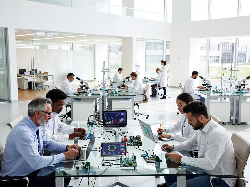 Scientists and engineers working with microscopes, laptops, and electronic circuit boards in a modern research laboratory
