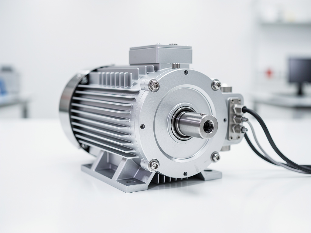 Motor eléctrico industrial de aluminio con eje frontal y cables en laboratorio moderno