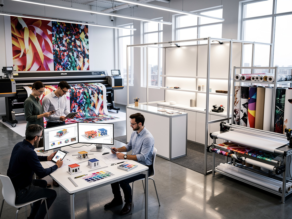 Equipo de diseño revisando prototipos junto a impresora digital de gran formato y rollos de vinilo en estudio moderno