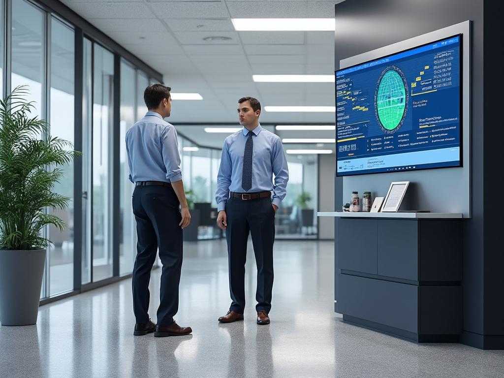 Two businessmen in a modern office hallway, engaged in conversation near a digital display screen showing graphical data.
