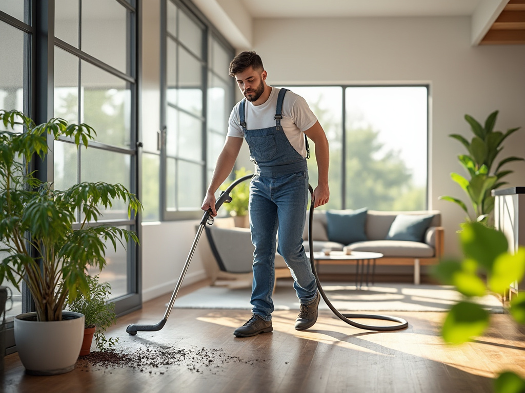 Hombre joven limpiando el suelo de madera con una aspiradora en una sala de estar moderna con plantas y ventanas grandes.