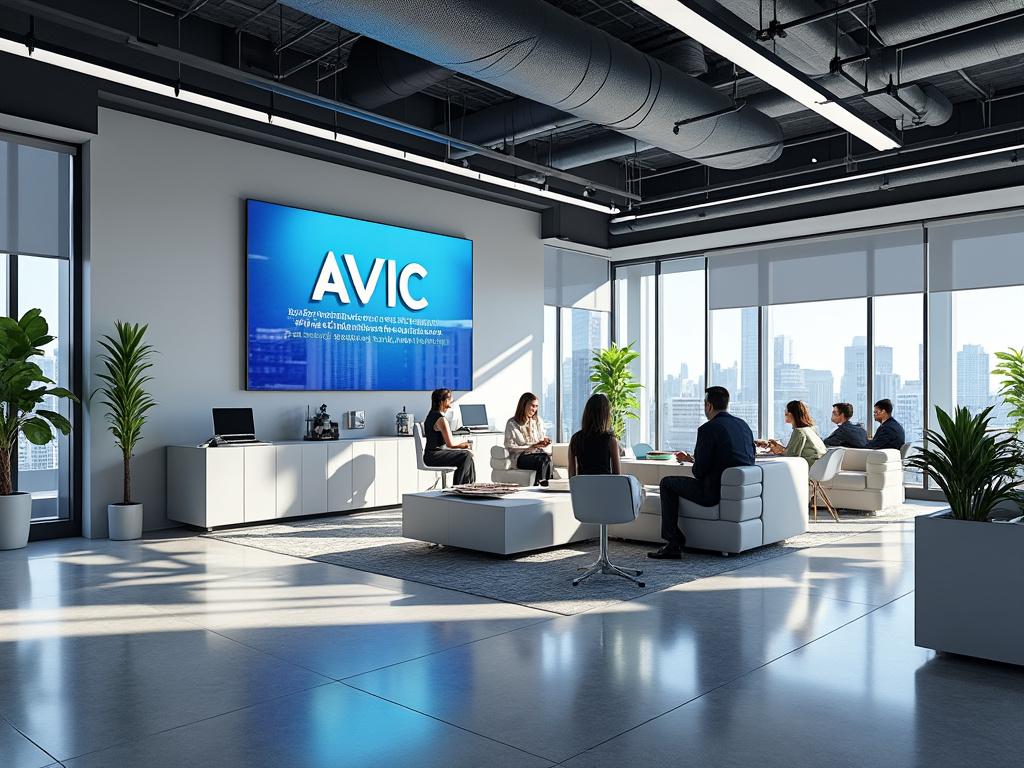 Oficina moderna con grupo de personas en reunión, pantalla grande con logo AVIC, plantas decorativas y vista panorámica de la ciudad.