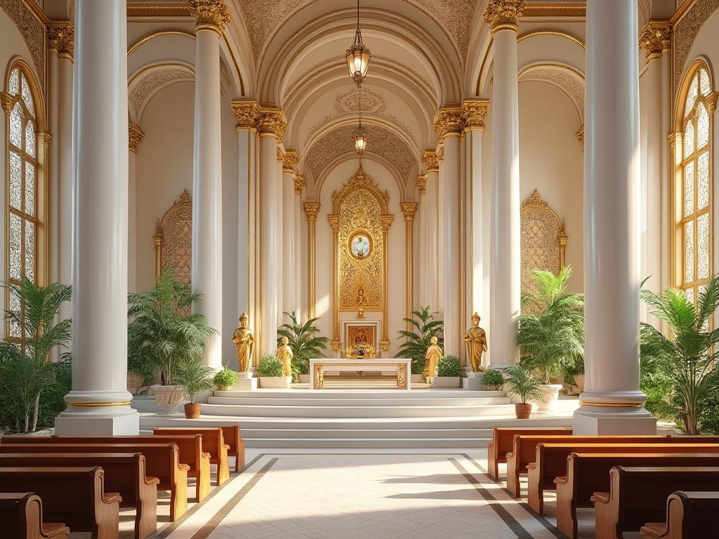 Interior de iglesia con columnas blancas, esculturas doradas, plantas y bancos de madera.