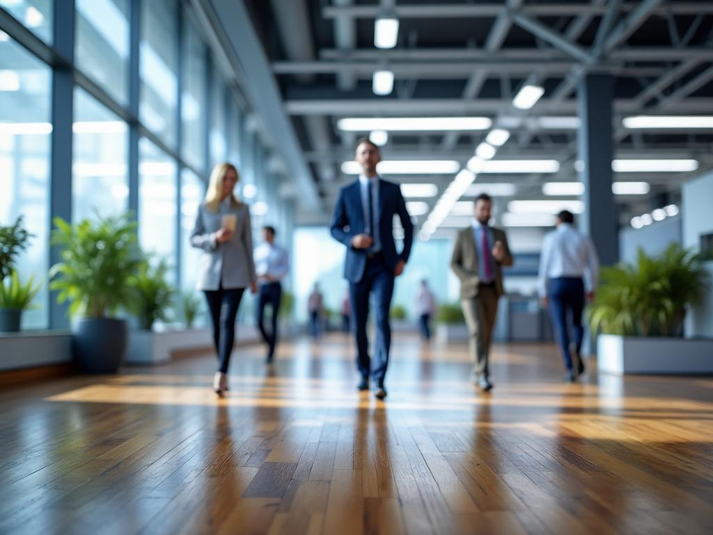 Personas caminando en un pasillo de oficina moderna con plantas y ventanas grandes.