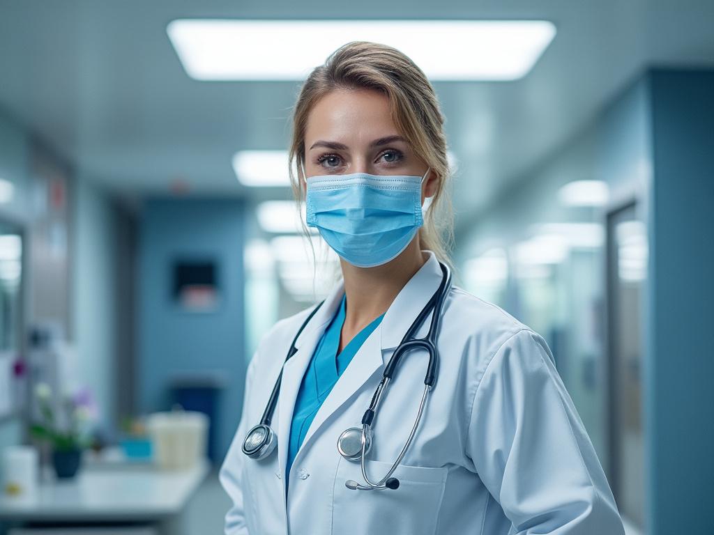 Doctora con mascarilla y estetoscopio en hospital moderno.
