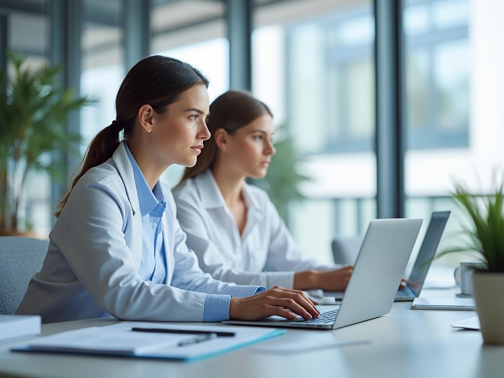 Dos mujeres profesionales trabajando en computadoras portátiles en una oficina iluminada y moderna.