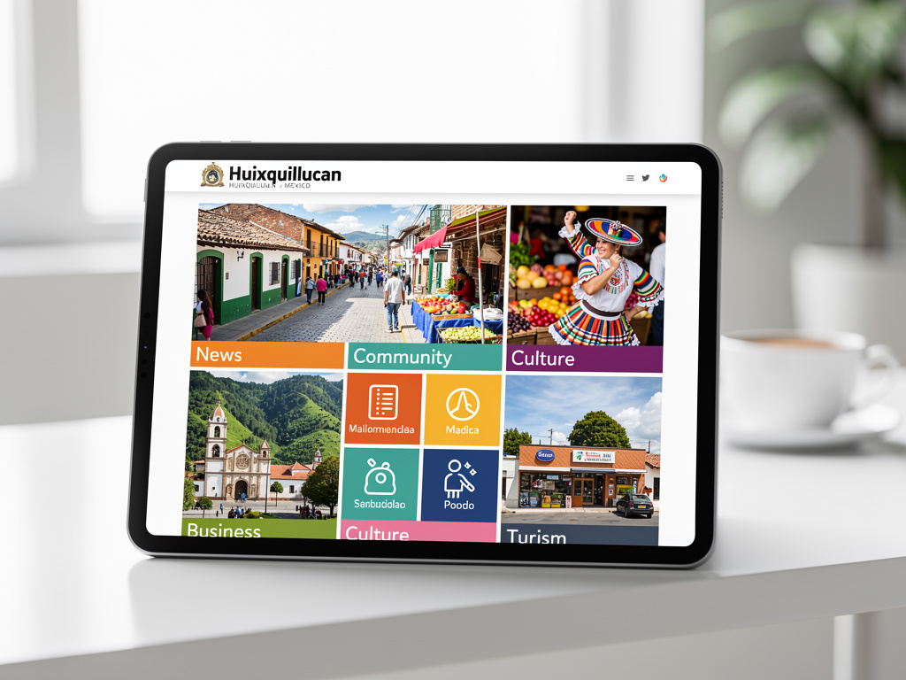 Tablet mostrando el sitio web de Huixquilucan con secciones de noticias, comunidad, cultura, negocios y turismo