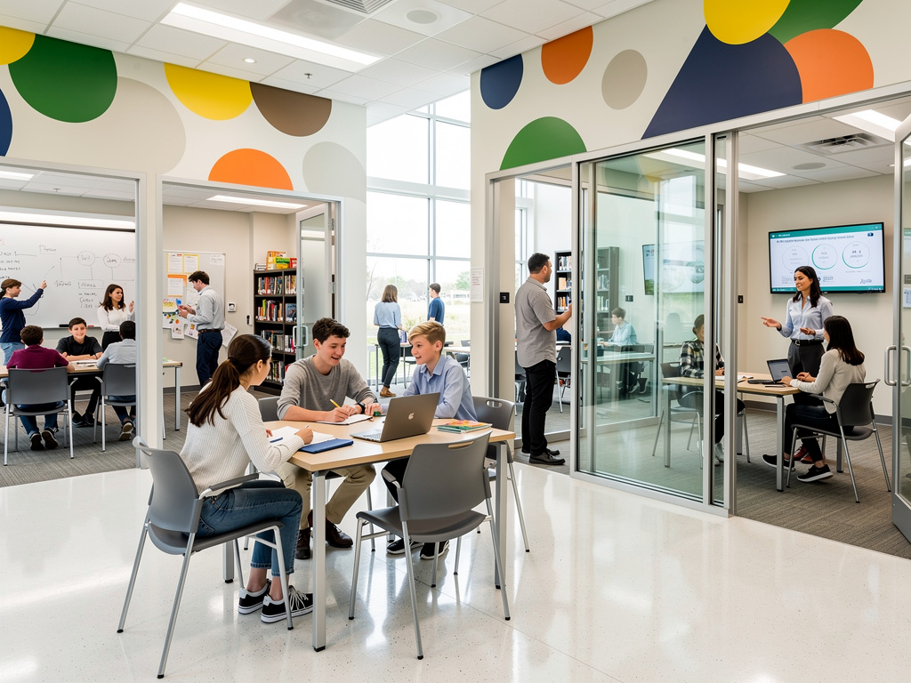 Estudiantes trabajando en equipo en aula moderna con salas de vidrio, pizarras y tecnología educativa