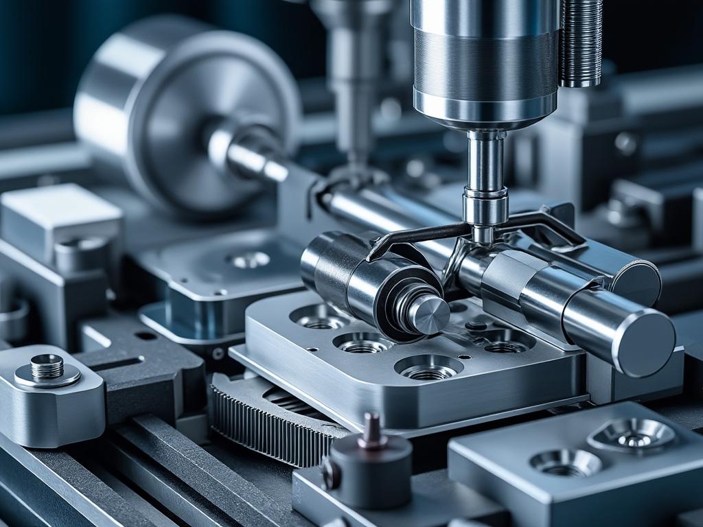 Close-up of precision metal machining equipment with various components and tools in a workshop setting.