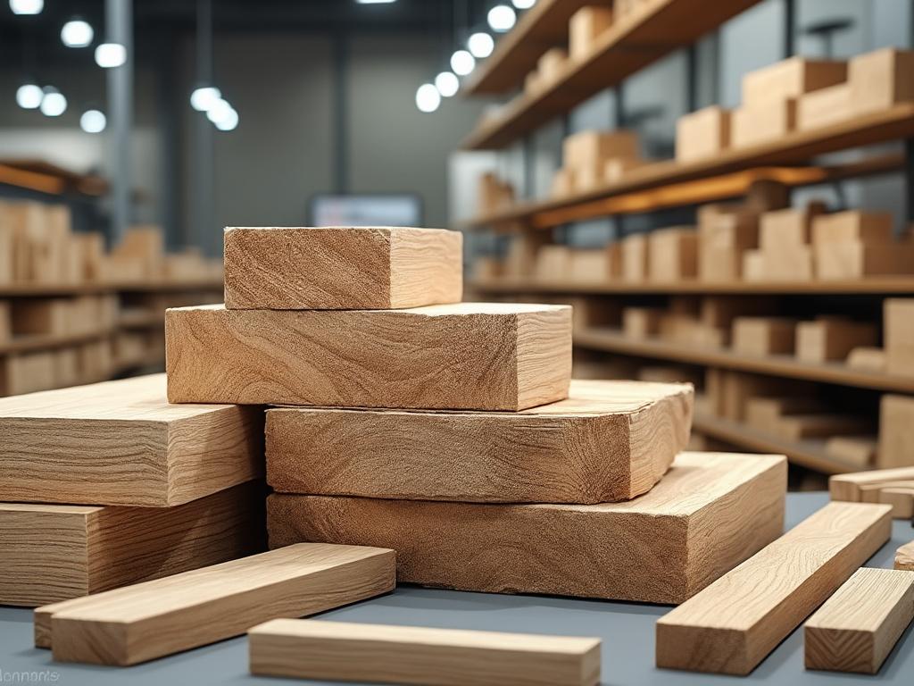 Stack of processed wooden planks on a table in a woodworking shop with shelves in the background.