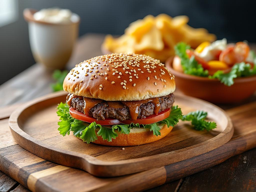 Delicious cheeseburger with lettuce and tomato on wooden platter, fries and salad in background.