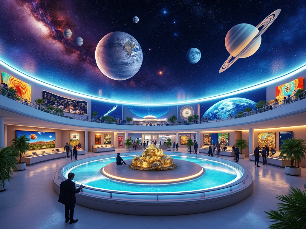 Interior de un museo futurista con exhibiciones espaciales, un techo planetario y una fuente central iluminada.