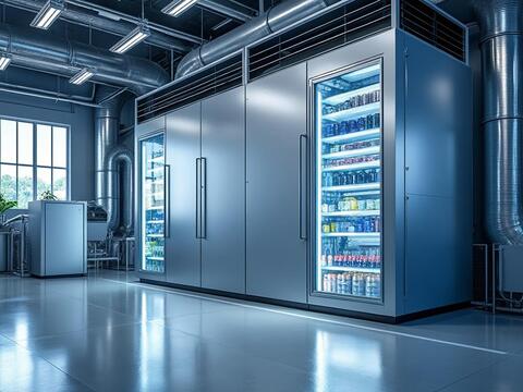 Interior de un almacén moderno con refrigeradores industriales y estantes iluminados.
