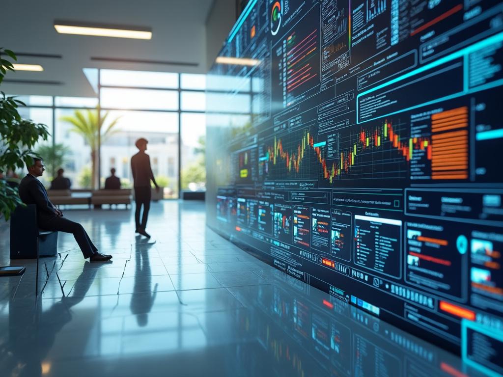 Salón moderno con pantallas digitales y gráficos de datos, personas trabajando y plantas decorativas. Salón moderno con pantallas digitales y gráficos de datos, personas trabajando y plantas decorativas.