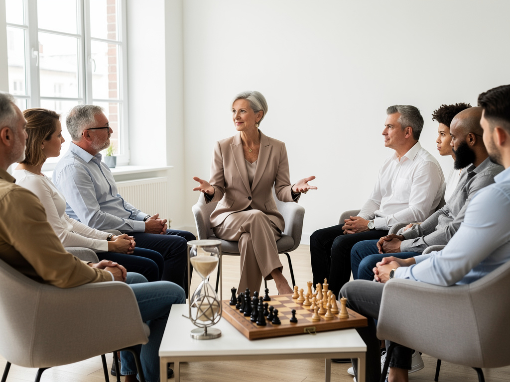 Professional group therapy or coaching session with diverse adults seated in a circle, led by a mature woman, with chessboard and hourglass on table