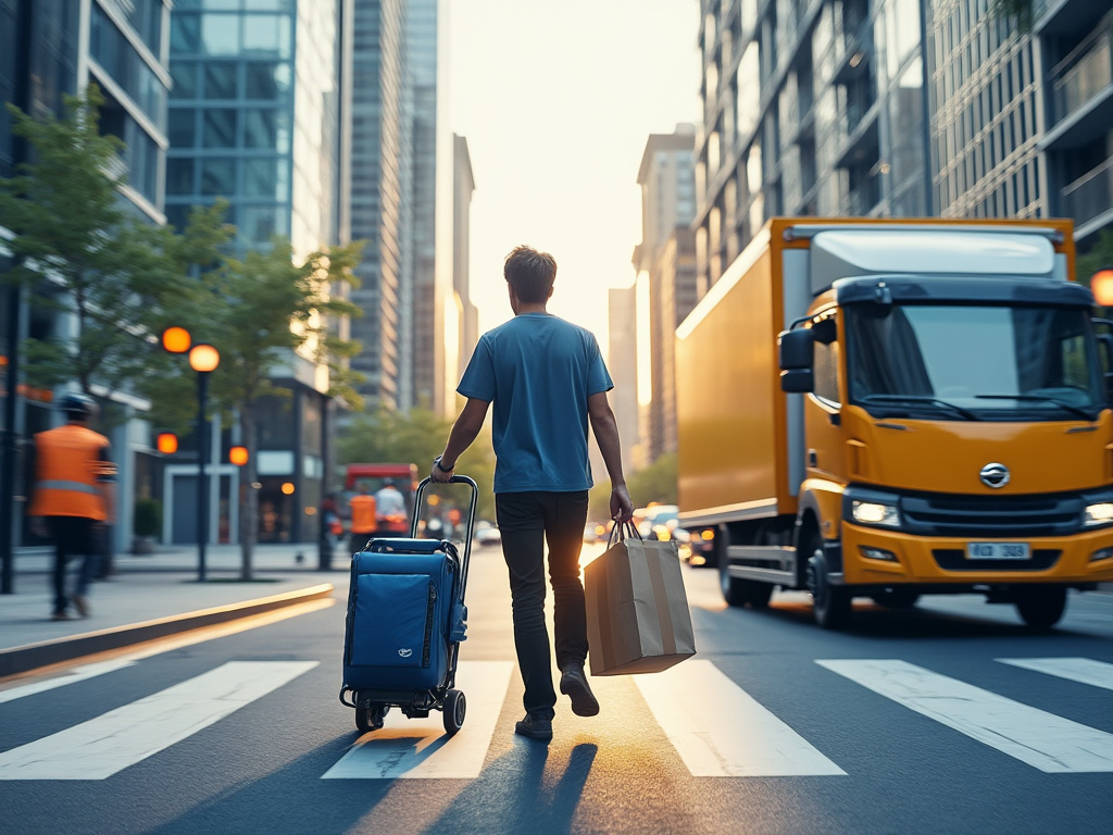 Hombre cruzando una calle urbana con carrito de compras azul y bolsas junto a camión de reparto amarillo entre rascacielos al atardecer