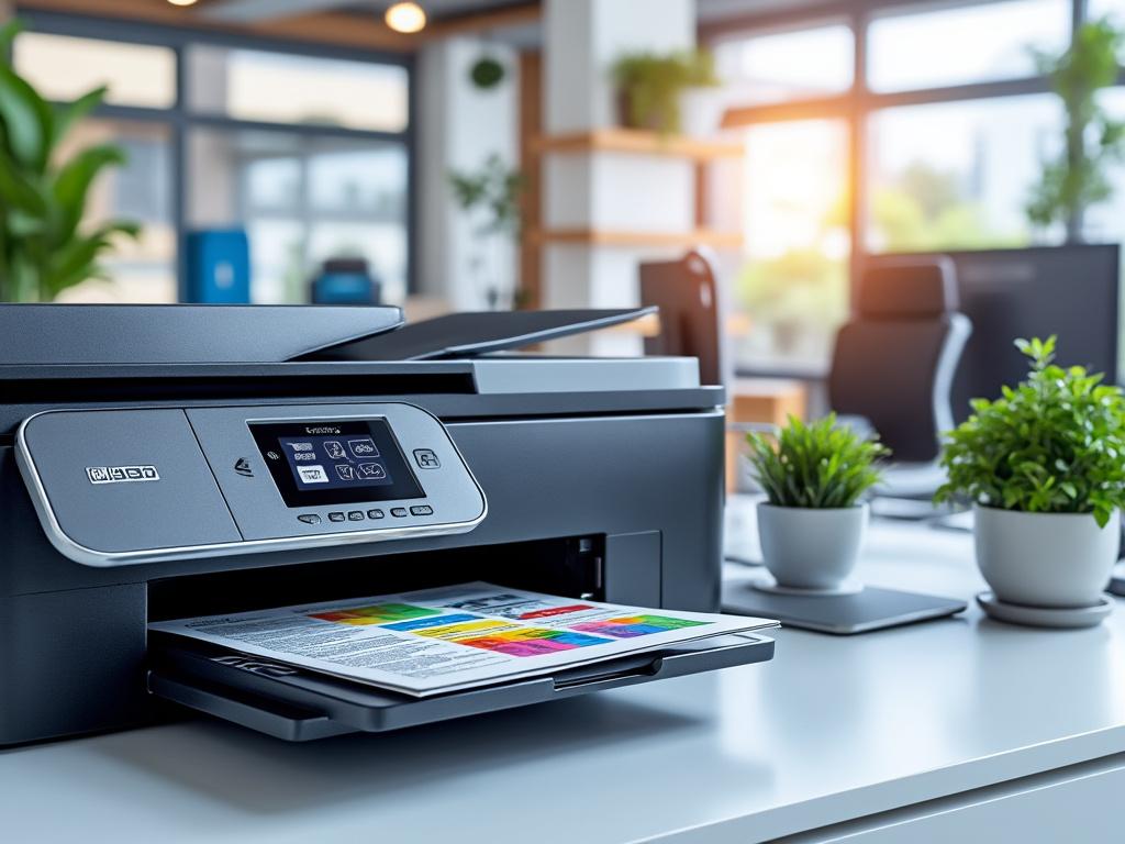 Impresora multifuncional emitiendo una hoja en una oficina moderna con plantas y luz natural.