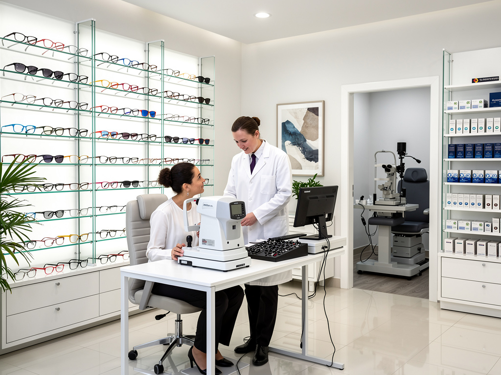 Optometrista realiza examen visual a paciente en óptica moderna con monturas de gafas y equipo oftalmológico Optometrista realiza examen visual a paciente en óptica moderna con monturas de gafas y equipo oftalmológico